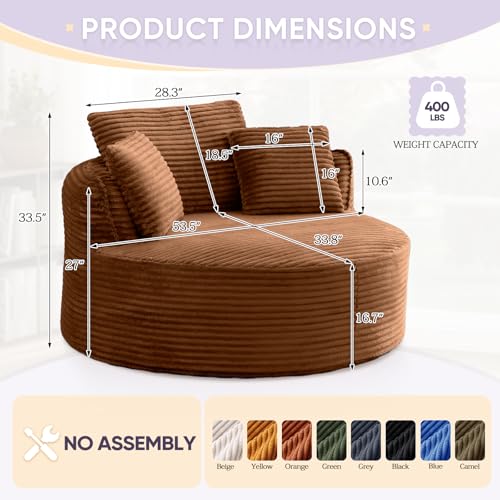 Image of Antetek 53.5-inch Round Chair, Modern Accent Corduroy Comfy Deep Seat Boneless Foam Floor Single Circle Chaise Sofa Chair with 3 Pillows for Living Room Bedroom Office, No Assembly Required, Orange