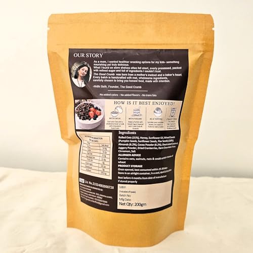 Image of The Good Crumb Cocoa Almond Granola I 200g I Rich Dark Chocolate Flavour I Breakfast Cereal & Healthy Snack with Rolled Oats, Almonds, Seeds, Cocoa & Cranberries I Gluten-free I No added refined sugar