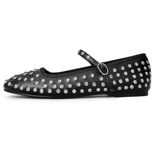 Bigwow Fashion Women's Studded Rhinestone Buckle Ballet Flats Faux Leather Mary Jane Shoe Casual Dress Ballerina Flat Shoes for Ladies2