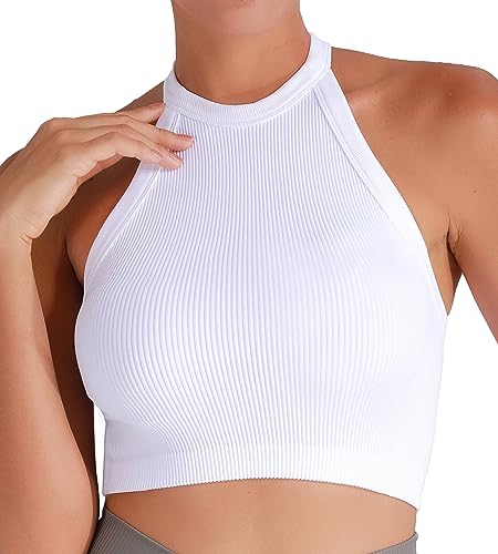 Sunzel Ribbed Tank Tops for Women, Halter High Neck Seamless Cute Crop Top, Basics Sleeveless Workout Athletic Yoga Shirts2