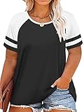ROSRISS Womens Plus Size Shirts XL Summer Casual Raglan Striped Tops Black 16W