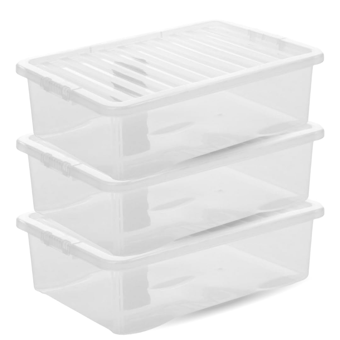KYY'Z - 3x 32L Underbed Storage Box With Clip-On Durable Lid - Clear Plastic Organizer Container - Stackable Space-Saving Storage For Clothes, Shoes, Linens & Bedroom Essentials, Home & Office