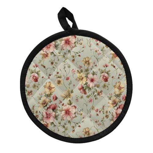 Cugasmaru Floral Pot Holders for Kitchen Round Potholders with Hand Pocket Round Hot Pad Oven Mitts for Kitchens Heat Resistant