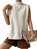 Verdusa Women's Mock Neck Split Hem Sleeveless Sweater Vest Knit Tank Top Beige M