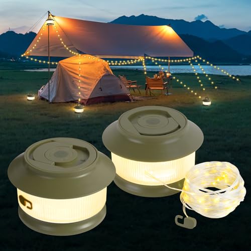 2 Pack 65.6ft Retractable Camping String Lights,3000mAh Camping Essentials Lamp Lights...