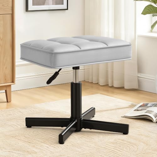Image of LUE BONA Adjustable Vanity Stool, 15''-19.5'' Foot Rest Under Desk, 360 Swivel Vanity Chair for Makeup Room, Silver Upholstered Faux Leather Ottoman for Bathroom & Living Room, 300lbs