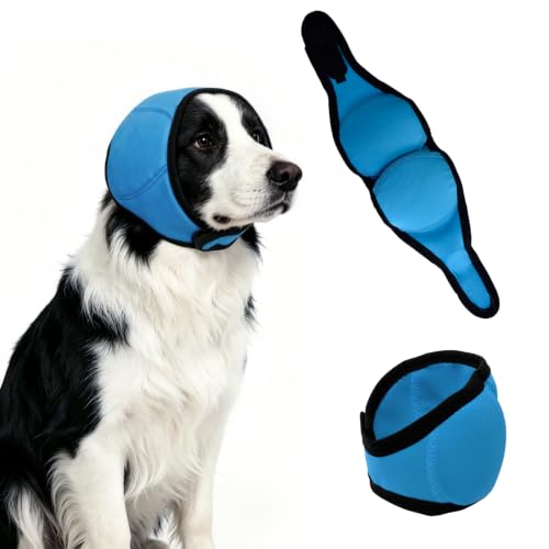 Image of Dog Ear Cover for Noise Protection & Anxiety Relief, Adjustable No Shake Ear Wrap for Firework, Hematoma, Bathing, Swim, Grooming and Force Drying (Blue, M(Head Size:14 inch-19 inch))