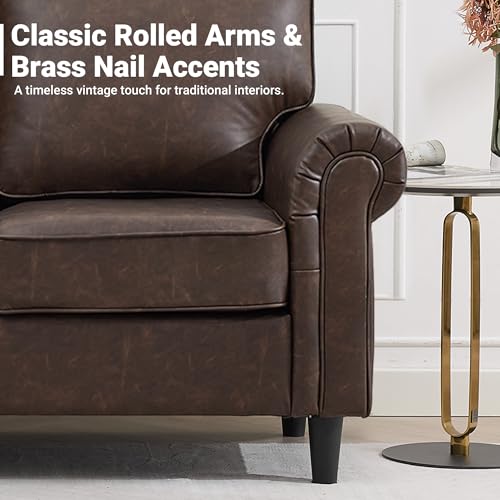 Image of Kingfun Loveseat 2 Seater Couch, Mid Century Modern Faux Leather Sofa with Rolled Arms and Deep Seats, Fluffy Comfort for Living Room, Apartment, Easy Assembly, Cocoa