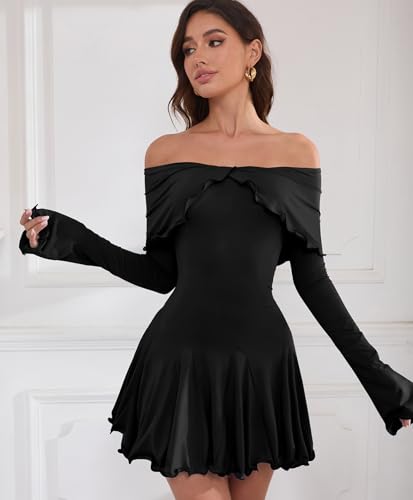 Image of Off The Shoulder Dresses for Women Long Slv Ruffle Bodycon Graduation Dress