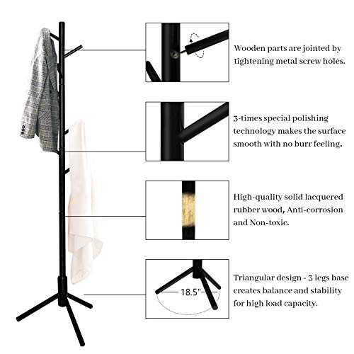 Dadill Wooden Tree Coat Rack With 3 Adjustable Sizes, 8 Hooks, Easy Assembly Free Standing Solid Coat Hanger Stand For Clothes, Garment, Hats, Umbrellas, Scarves In Hallway, Entryway, Black #TOP4