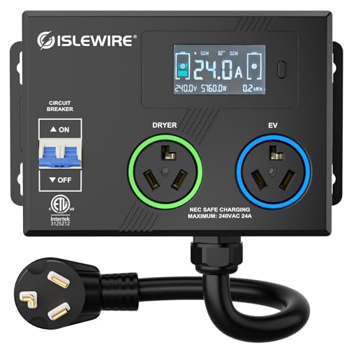 islewire Smart Dryer Splitter for EV and Dryer 240V Auto Power Switch for Dryer Outlet 3-Color LED Ring 3.4 in LCD Display No Rewiring Needed ETL Certified (24 Amp NEMA 10-30)