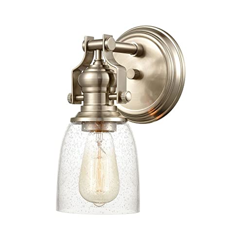 Image of Elk Home Chadwick 1-Light Industrial Vanity Wall Sconce - Satin Nickel, Seeded Glass Shade, 10 Inch High