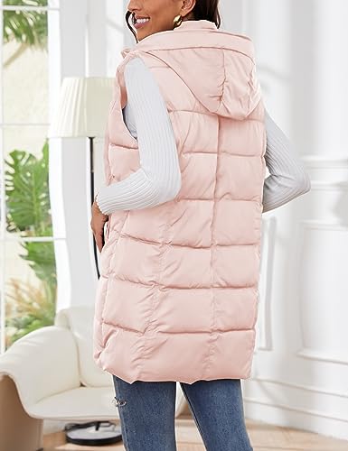 Gihuo Colete feminino longo acolchoado de inverno, com capuz, sem mangas, zíper, jaqueta longa, cole