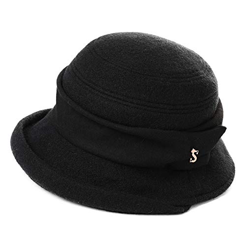 Fancet Damen Wollhut Winter 1920er Vintage Cloche Mode Derby Kirche Hüte für Frauen knautschbar & verstellbar, 99727_schwarz, M Cover