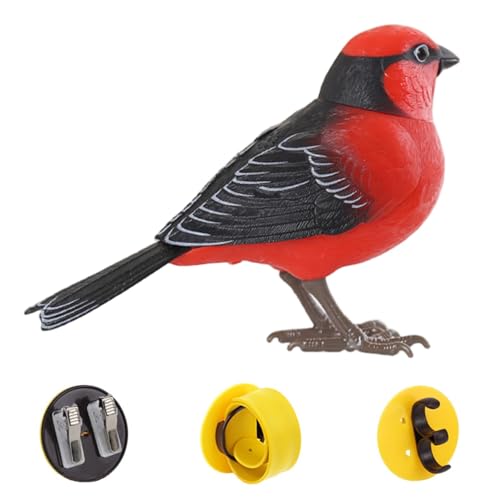 Electric Singing Chirping Robot Bird Toy, Sound & Motion Activated Interactive Robot Bird Figurine Battery Operated for Kids Indoor Desk Garden Decor (Red)