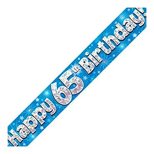 9ft Blue & Silver Stars Holographic Happy 65th Birthday Banner (2.7m length)