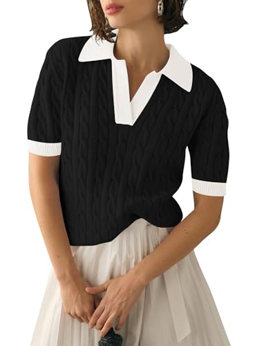 Image of Micoson Womens Short Sleeve Sweater Tops Lapel V Neck Polo Shirts 2026 Summer Cable Knit Loose Blouse Business Casual Outfits