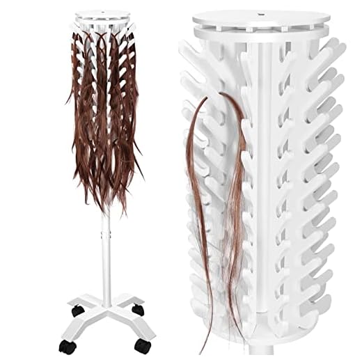 Yumkfoi Rotating Braiding Hair Rack 120 Pegs, Wooden Standing Hair Holder with Locking Caster Wheels, Hair Separator Stand Braider Rack Hair Extension Holder for Hair Stylists, Hair Salons, Home