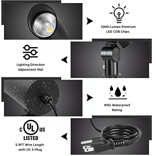 30W Led Spot Lights Outdoor, 120V Dusk To Dawn 3000K Warm White 3000Lm Ultra Bright Landscape Spotlights With Photocell Sensor Ip65 Waterproof For Yard Christmas Tree Flag Pole Path, 5.9 Ft Cord #TOP3