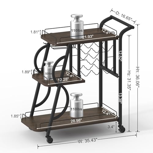 Aubtik Rustic Bar Cart, 3 Tier Rolling Bar Carts for The Home, Industrial Home Serving Cart with Wine Glass Holder, Wood Metal Liquor Trolley, Mobile Beverage and Drink Carts (Walnut Brown)