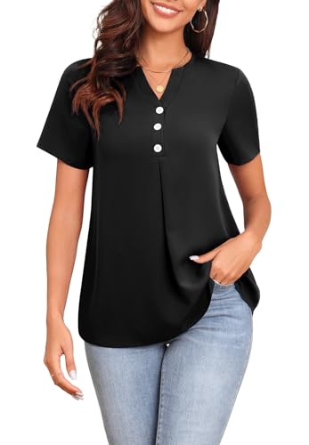 Askyes Women’s Black Chiffon Blouses Short Sleeve Summer Henley T-Shirts for Women Plus Size Tops for Work Leggings,2XL — view 5