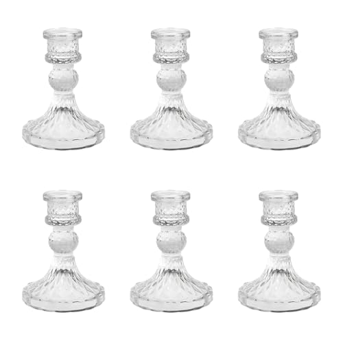 ZQXJWFY Glass Candle Holders Set, Vintage Decorative Design,Elegant Table Candlesticks Set for Dining Room,Wedding, Spring Party, Romantic Dinner, Festival & Windowsill Decor (6, Clear, XZS)