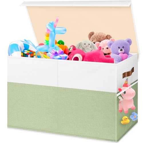 Image of Large Toy Storage Box, Collapsible Sturdy Toys Storage Chest With Mesh, 25x13x16 Kids Toy Storage Organizer, Extra Large Toy Chest Box Bin Basket for Kids, Boys, Girls, Nursery(Green and White)