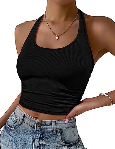 Ekouaer Women Halter Top Backless Scroop Neck Slim Stretchy Ribbed Knit Camisole Crop Tops(Black,L)
