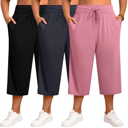 Neer 3 Pack Women's Capris Plus Size Yoga Lounge Pants Wide Leg High Waist Drawstring Cropped Cotton Sweatpants with Pockets
