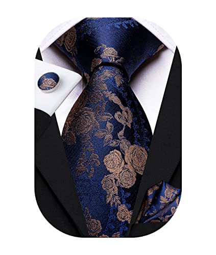 Image of Hi-Tie Silk Ties for Men Plaid Paisley Striped Necktie Pocket Square Cufflinks Set Formal Business