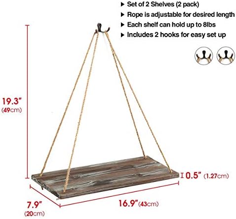 J JACKCUBE DESIGN Hanging Shelves Wall Plant Shelf Floating Shelves with Rope for Bedroom Bathroom Living Room Farmhouse Boho Room Decor, Triangle Rope Rustic Wood Display Shelf(Set of 2) - MK555AA