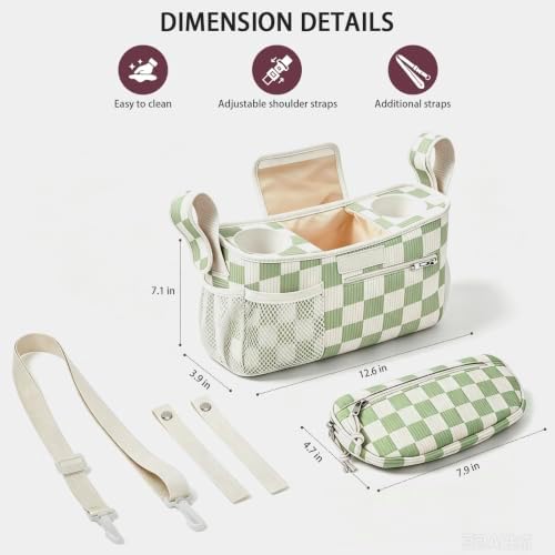 Femuar Universal Stroller Organizer with Cup Holder, Large Capacity Stroller Caddy with Detachable Bag & Long Shoulder Straps, Stroller Organizer Bag Fits Most Strollers (Corduroy Checkered Green) - 1