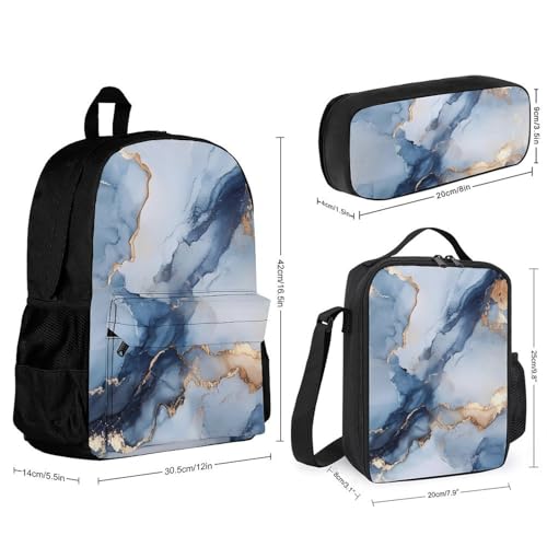 Blue Grey Marble Texture Backpack 3 Set with Lunch Bag Insulated Shoulder Meal Tote Bags Pencil Case Box Casual Daypack2