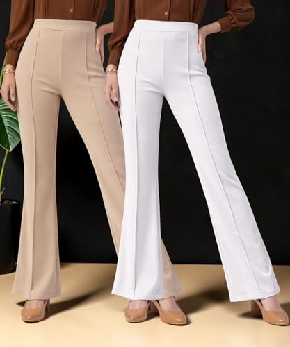 Image of Women Solid Flared Trousers Pack of 2 | High Waist Stretchable Office Pants for Women | Formal Bell Bottom Palazzo Trouser Combo