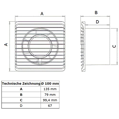 MKK Badkamerventilator Ø 100 mm, standaard, stille werking, laag energieverbruik, geschikt voor badkamers en keukens Ventilator 28dB/1m 26dB/3m - 93m³/h - Image 5