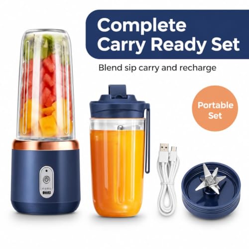 Image of Portable Juicer Blender Makes Smoothies and Fresh Juices Easy with a Mini Mixer Design and On /Off Safety Sensor for Daily Use (Dark Blue)