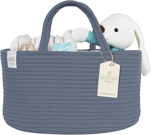 Image of KiddyCare Diaper Caddy Organizer for Baby Nursery Basket with Handle Lid | Nursing bag with Changing Table Organizer Cart | Newborn Caddy | Blue PTRN X-Large