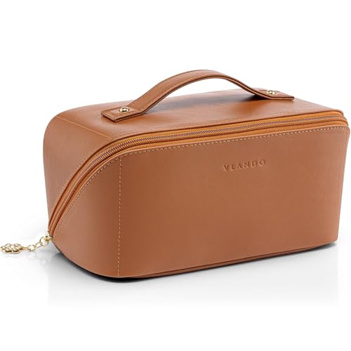 Vlando Makeup Bag,Large Capacity Travel Toiletry Bag,Cosmetic Bags for Women PU Leather Waterproof Portable Pouch with Divider & Handle-Brown