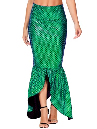 Damen Fischschuppenrock Halloween Cosplay Kostüm Langer Meerjungfrauenflosse Schwanz Pailletten Kostüm als Nixe Grün XL