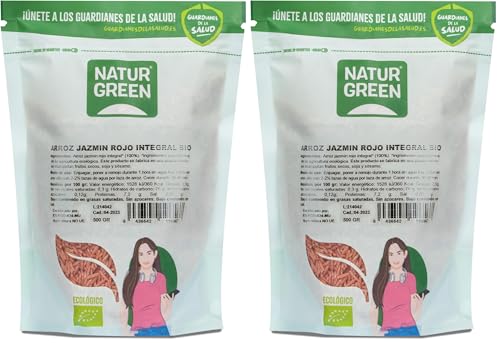 NaturGreen | Arroz Jazmín Rojo Integral Bio 500g | 100% Integral | Ecológico | Sin Gluten | Sin Azúcares Añadidos | Grano Largo | Aromático | Vegano (Paquete de 2)