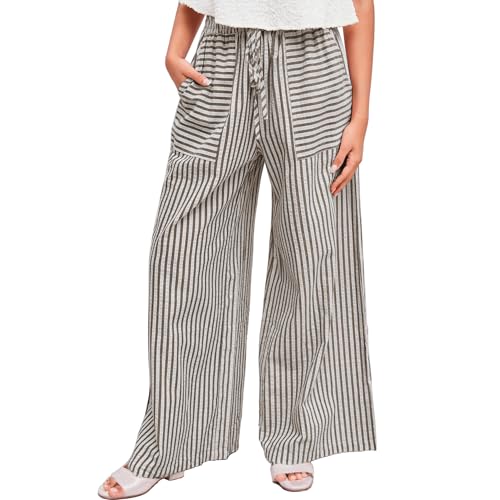 Striped Wide Leg Pants Women Drawstring Elastic Waistband Pant Lounge Palazzo Trousers Beach Vacation Clothes