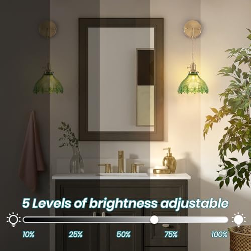 Image of Battery Operated Wall Sconce Set of 2, Rechargeable Battery-Powered Wall Light with Green Glass Lampshade,Wireless Indoor Wall Lamp with Remote Control for Living Room Bedroom