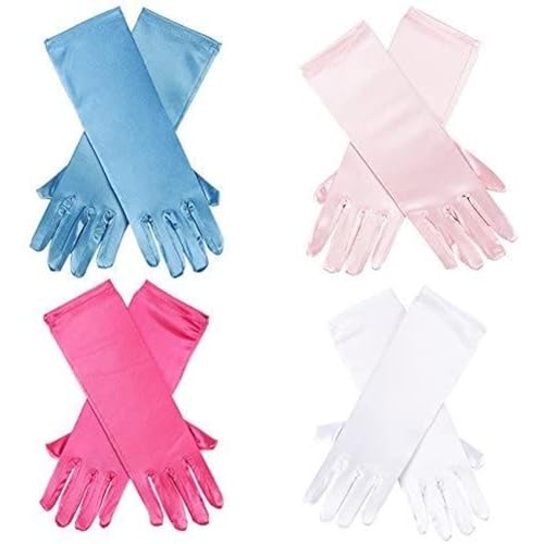 BLUE PANDA 4-Pair Princess Dress Up Gloves for Toddlers 3-5 - Small 9.75-Inch Satin Kids Bundle: Baby Pink, Hot Pink, White & Blue - Long Princess Gloves Toddler - Weddings & Birthdays