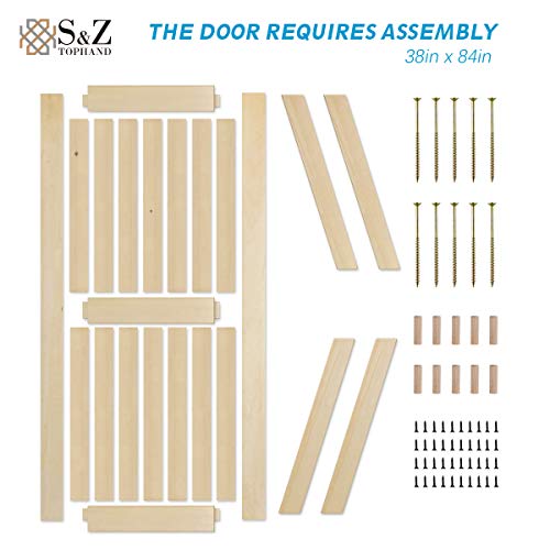 Image of S&Z TOPHAND 38in x 84in Unfinished British Brace Knotty Barn Door with Sliding Hardware Kit /Solid Wood /Sliding Door /Double Surfaces /A Simple Assembly is Required