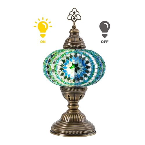 Mozaist Turkish Mosaic Table Lamp with Bulb – Light Green Handmade Stained Glass Bedside Light, Authentic Turkish Boho Vintage Home Decor with E12 Socket