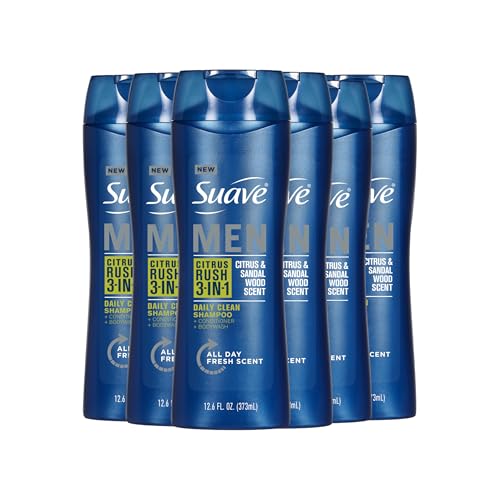 Suave Men Citrus Rush 3-in-1 Shampoo Conditioner and Body Wash with Citrus and Sandalwood Scent Daily Clean 12.6 oz 6 Pack