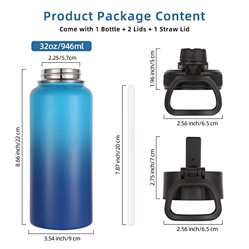 Image of Volhoply 32 oz Water Bottles Bulk 4 Pack with Straw Lid & Spout Lid,Insulated Sports Water Bottle,Double Wall Vacuum Stainless Steel Cups,Leakproof Wide Mouth Metal Flask for Travel(Green Blue,4)