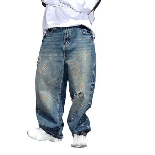 Men’S Trendy Hip Hop Loose Fit Ripped Distressed Baggy Skateboard Stacked Denim Pants Button Fly Streetwear Jeans