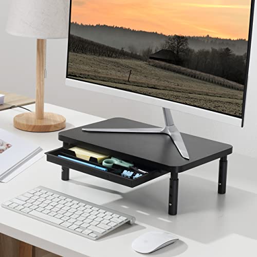 اي تي انش يو حامل شاشة، حامل شاشة قابل للتعديل بـ 3 ارتفاعات مع درج تخزين، منظم مكتب مريح للكمبيوتر والطابعة واللاب توب والكمبيوتر واي ماك، اسود