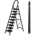 9 Step Folding Ladder,Heavy - Duty Step Stool with Anti - Slip Pedal and Handrails, 330lbs Portable Sturdy Carbon Steel Ladder for Home & Kitchen Use,Black